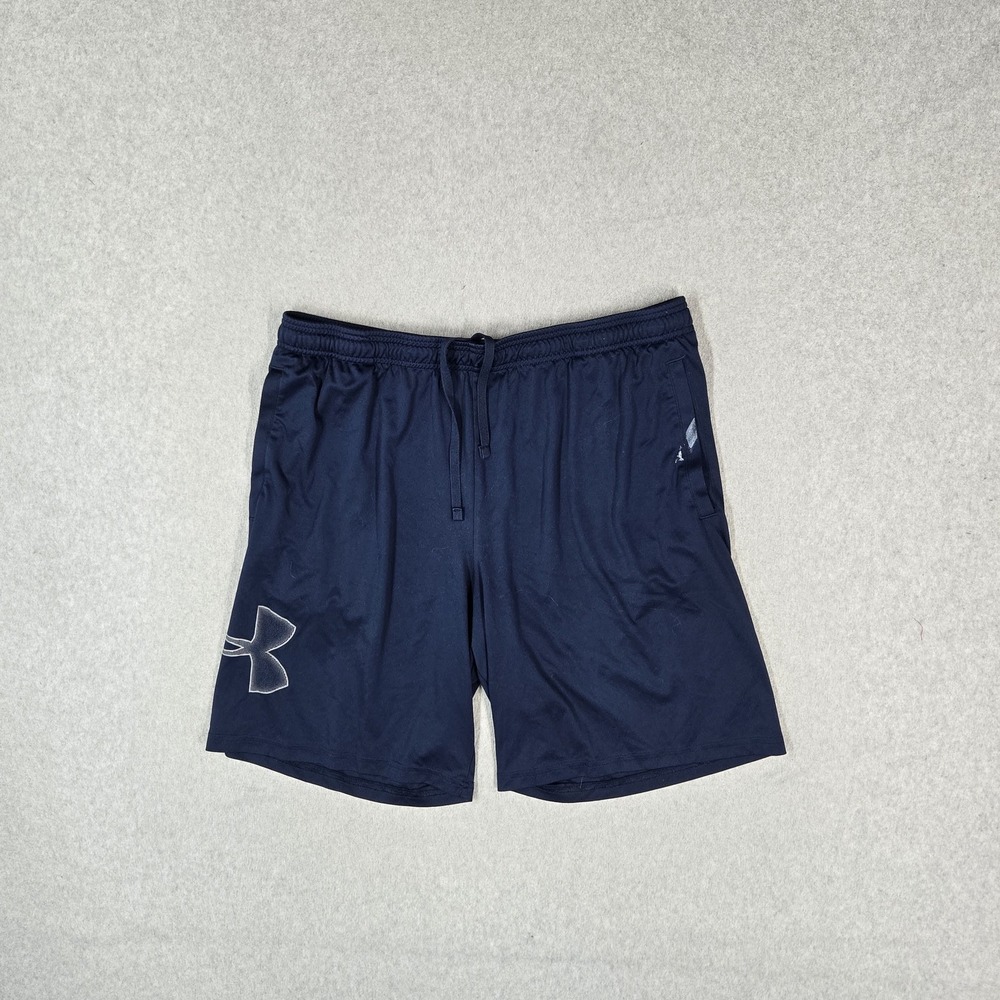 Under Armour Men Activewear Shorts XL Navy Blue Sweat Logo Heatgear Loose READ